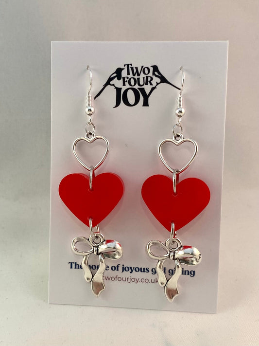 Red Heart and Silver Bow Resin Drop Earrings